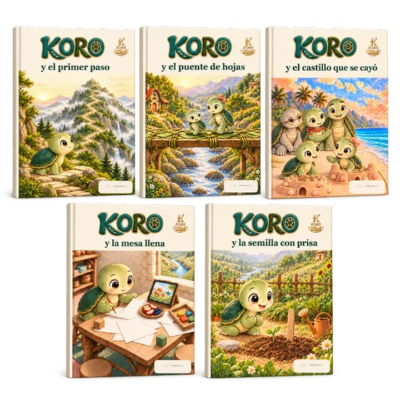 Los cinco cuentos de Koro juntos: el primer paso, el puente de hojas, el castillo que se cayó, la mesa llena y la semilla con prisa
