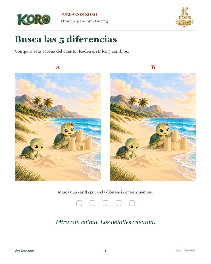 Página del cuadernillo de juegos: busca las diferencias entre dos escenas del cuento