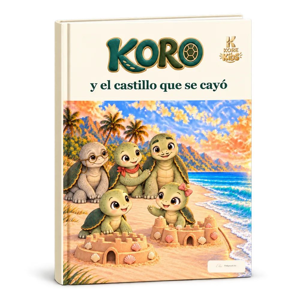 El libro «Koro y el castillo que se cayó»: en la portada, Koro y su familia construyen castillos de arena en la playa
