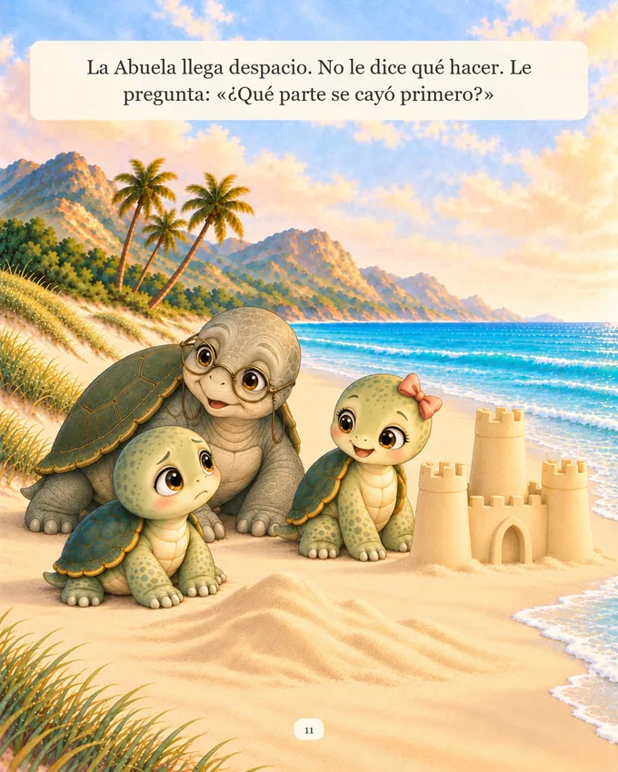 Página del cuento a color: Koro empieza otra vez su castillo