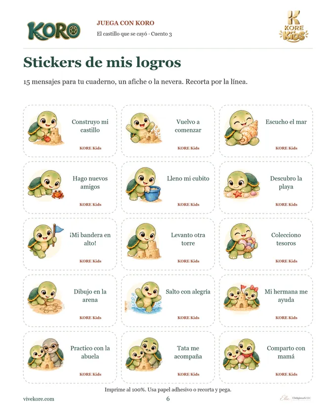 Hoja de stickers con Koro y mensajes de logro del cuento