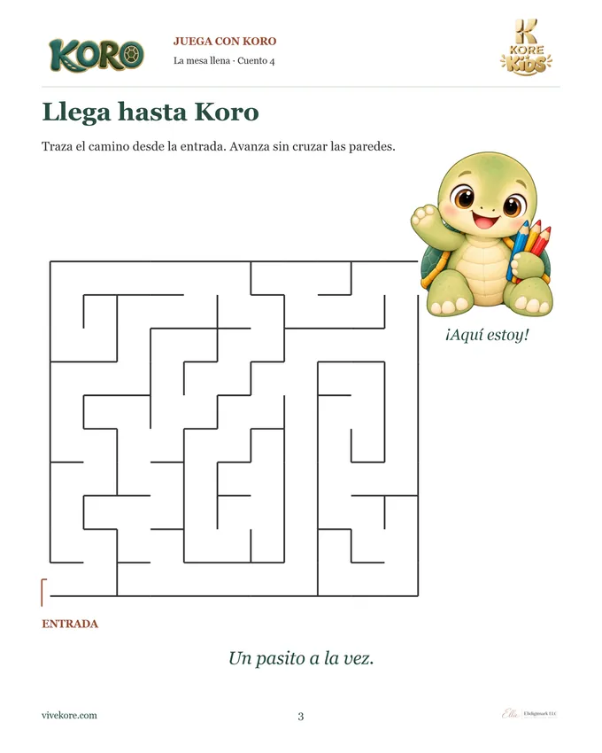 Laberinto del cuadernillo de juegos de «Koro y la mesa llena»