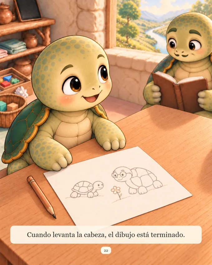 Página del cuento «Koro y la mesa llena»: Koro termina su dibujo con Tata leyendo a su lado
