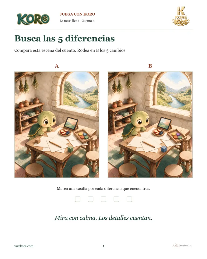 Página del cuadernillo de juegos: busca las diferencias entre dos escenas del cuento