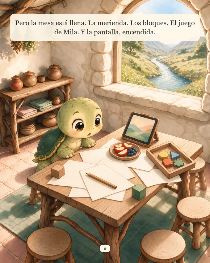 Página del cuento: la mesa de Koro llena de merienda, bloques, juegos y la pantalla encendida