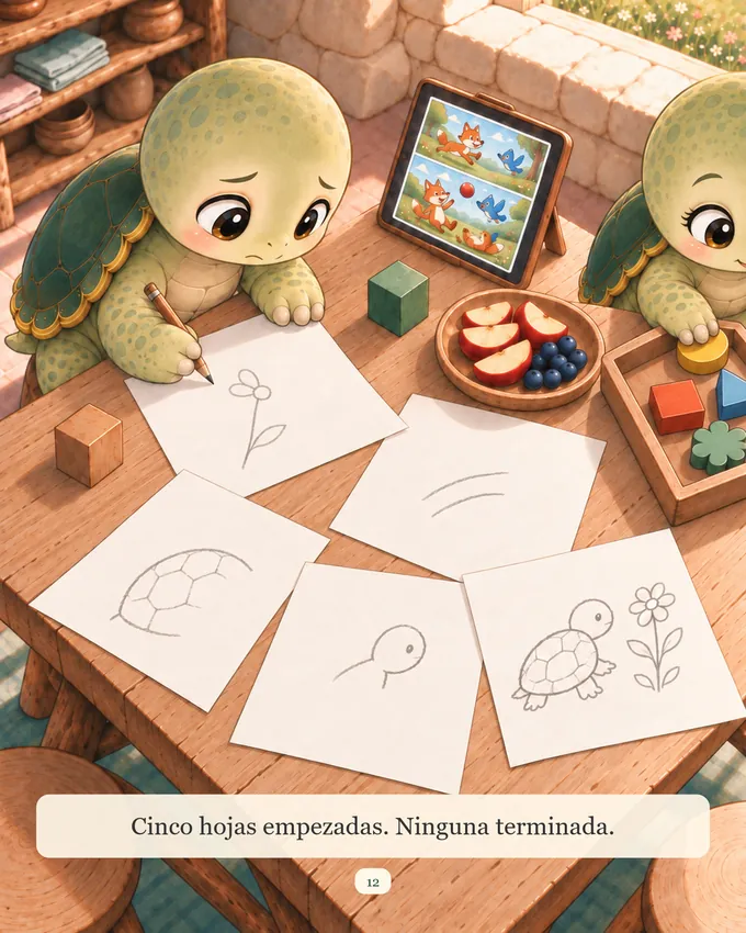 Página del cuento a color: Koro dibuja tranquilo en su mesa casi vacía