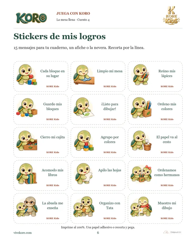 Hoja de stickers con Koro y mensajes de logro del cuento