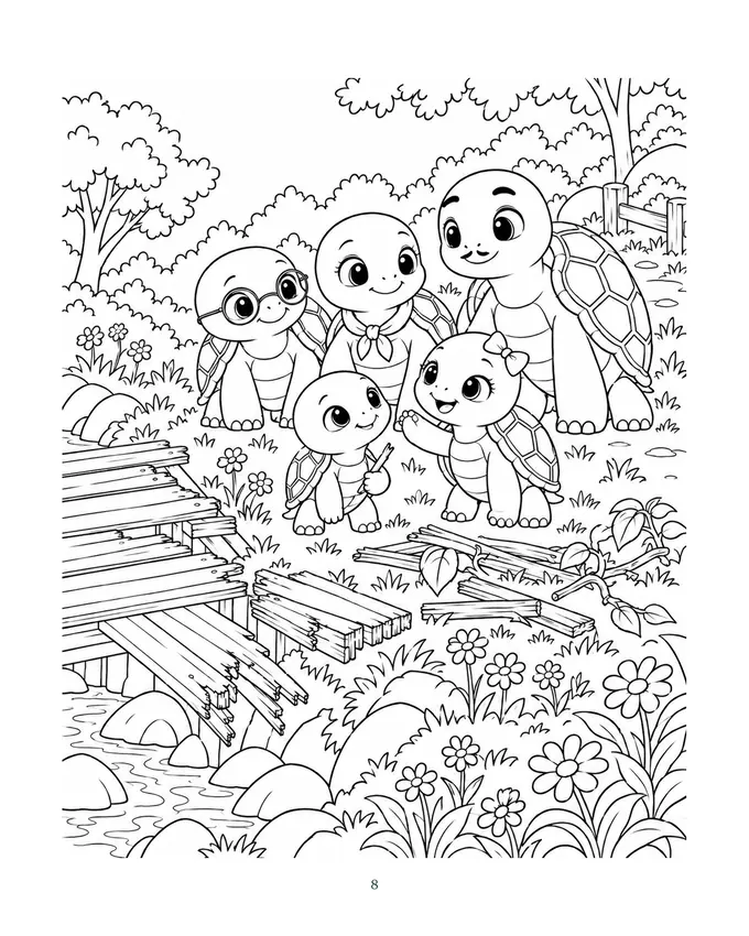 Página del cuento para colorear: la familia de Koro dibujada en línea, lista para pintar