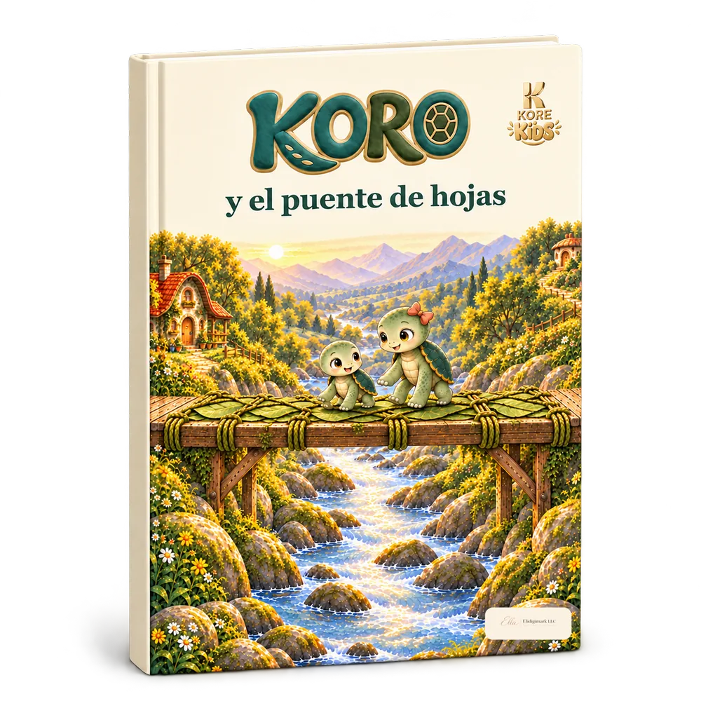 El libro «Koro y el puente de hojas»: en la portada, Koro y su hermana Mila sobre un puente de hojas encima del arroyo