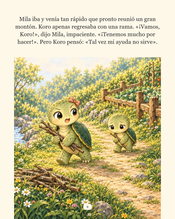 Página del cuento: Mila corre con un montón de ramas mientras Koro regresa con una sola