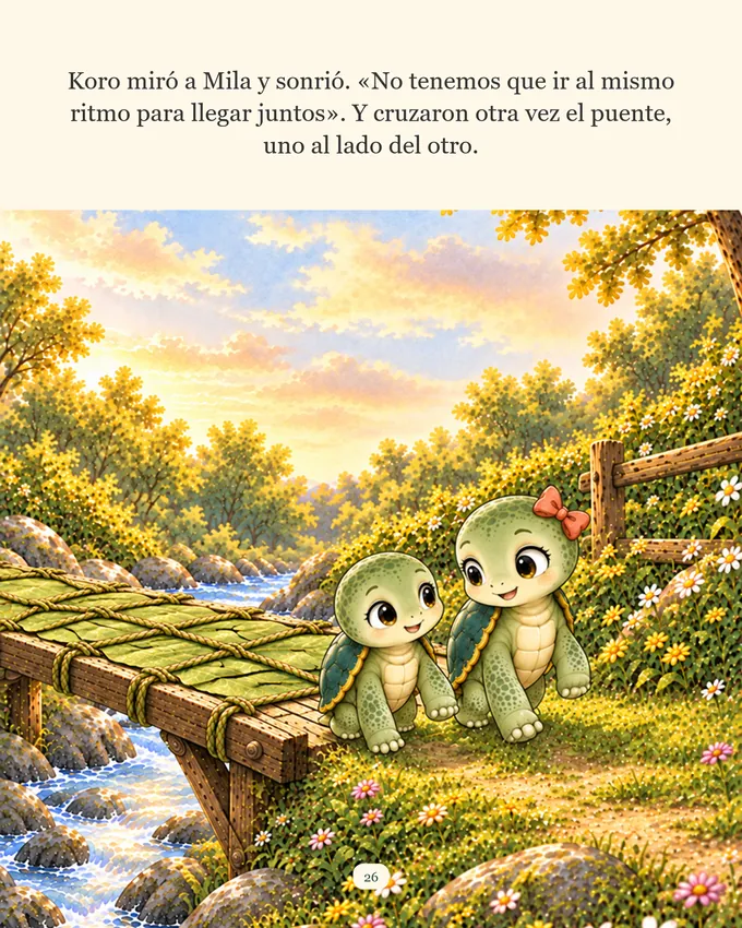 Página del cuento: Koro y Mila cruzan juntos el puente terminado