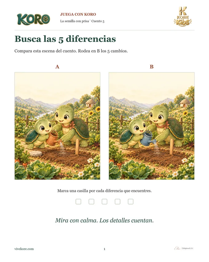 Página del cuadernillo de juegos: busca las diferencias entre dos escenas del cuento