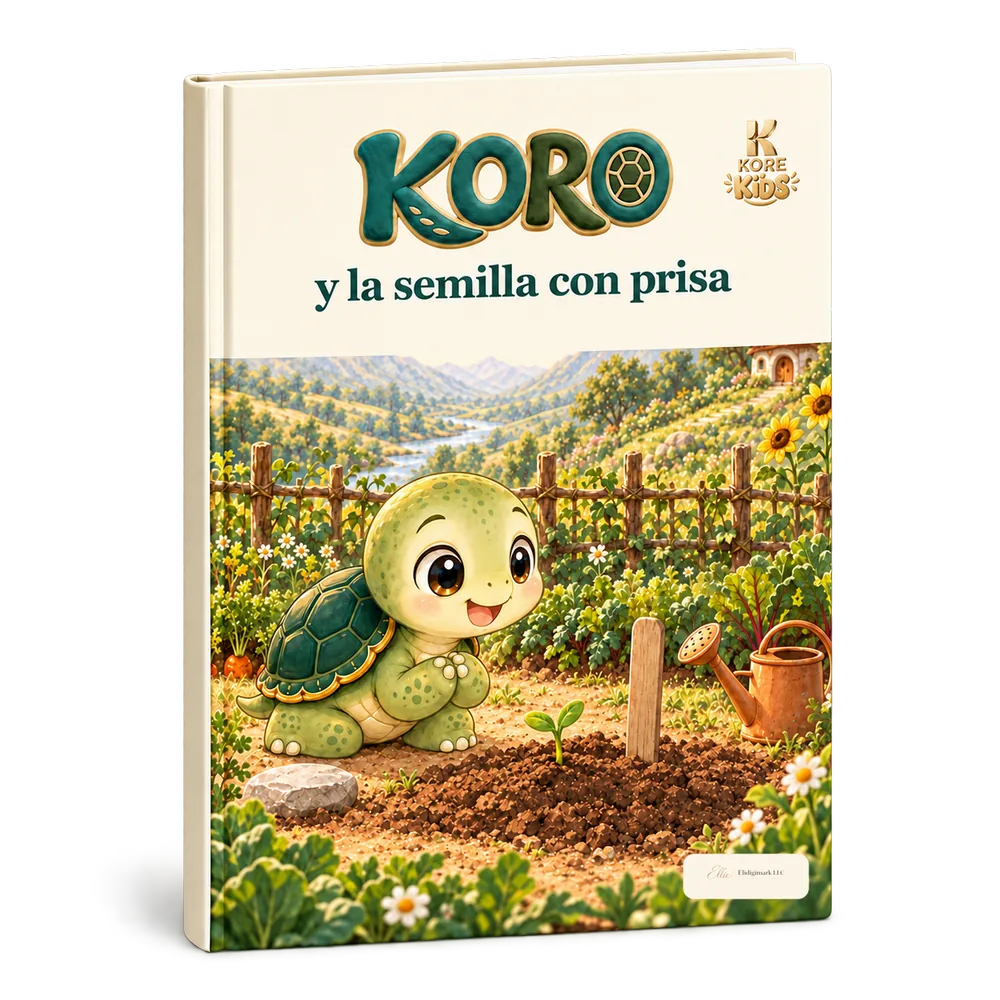 El libro «Koro y la semilla con prisa»: en la portada, Koro mira un brote en la huerta junto a un palito y una regadera