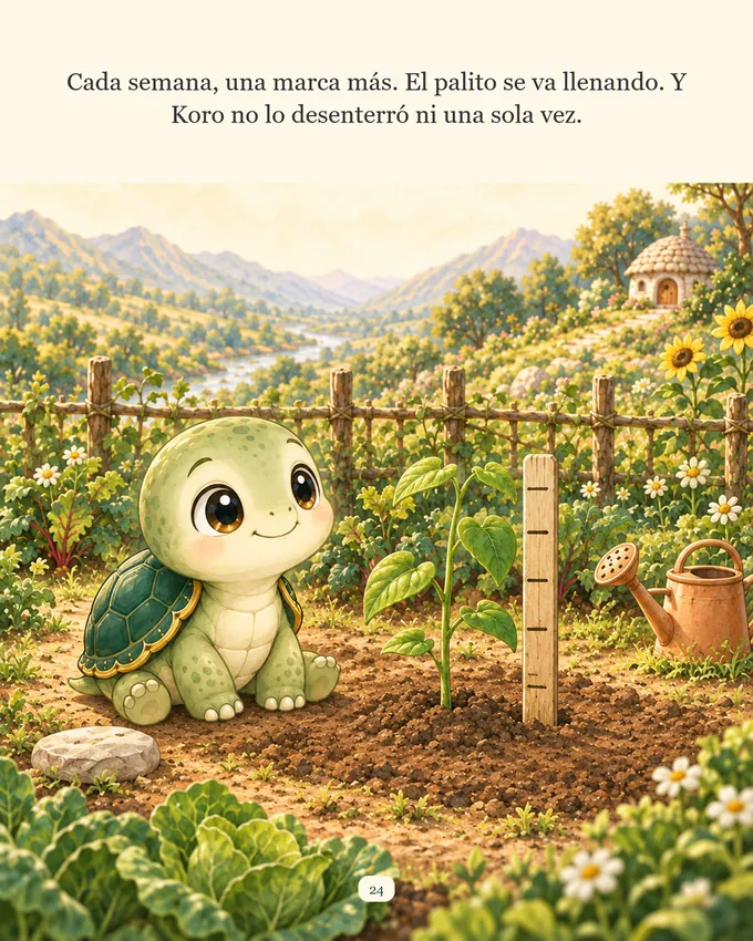 Página del cuento: el palito lleno de marcas junto a la planta que creció