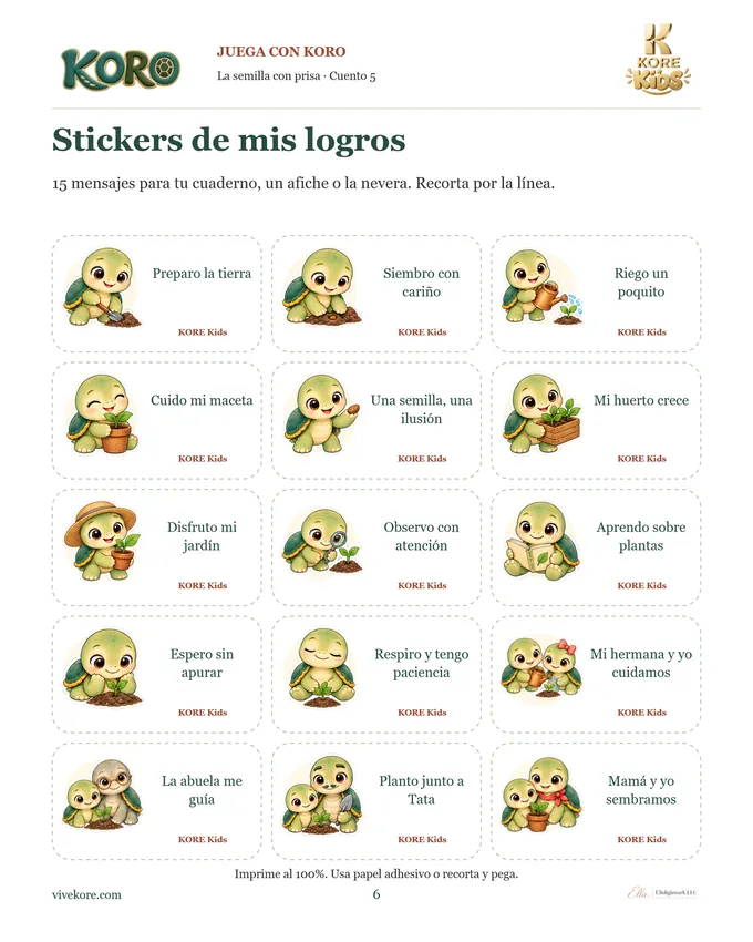 Hoja de stickers con Koro y mensajes de logro del cuento