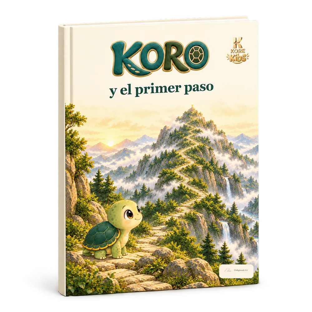 El libro «Koro y el primer paso»: en la portada, Koro mira una montaña con un camino que sube hasta la cima