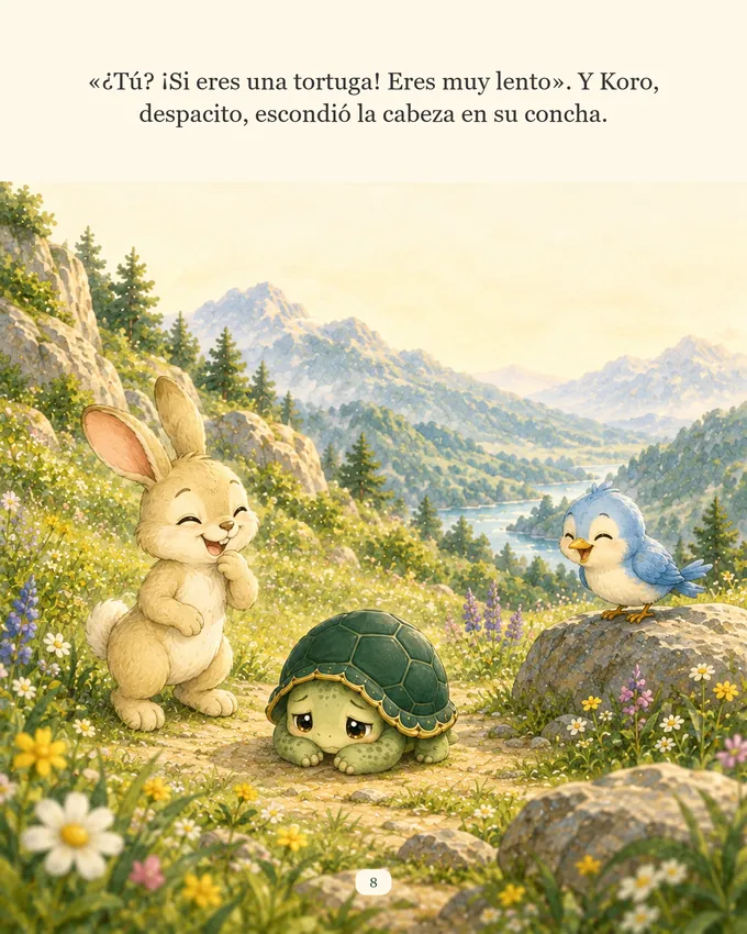 Página del cuento: el conejo y el pájaro se burlan de Koro, que esconde la cabeza en su concha