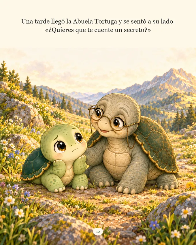 Página del cuento: la Abuela Tortuga se sienta junto a Koro y le ofrece contarle un secreto