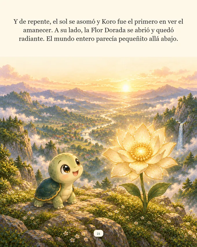 Página del cuento: en la cima, al amanecer, la Flor Dorada se abre junto a Koro