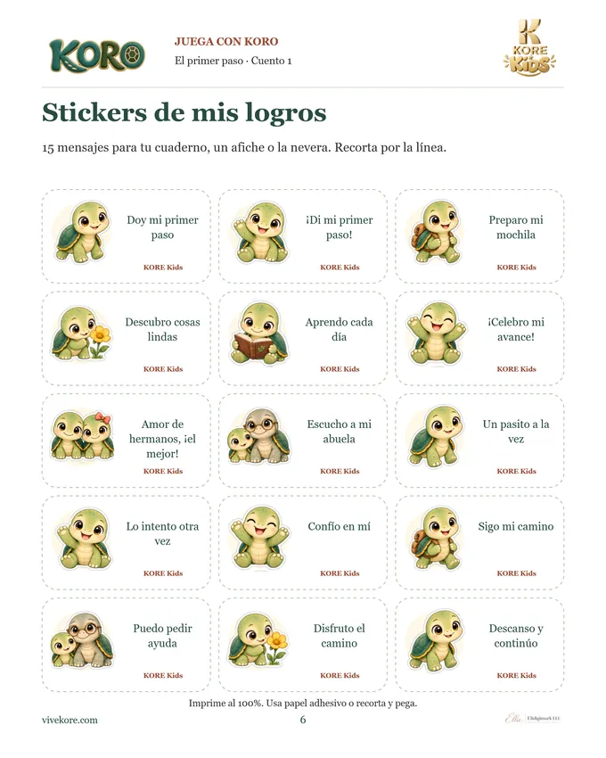 Hoja de stickers con Koro y mensajes de logro del cuento
