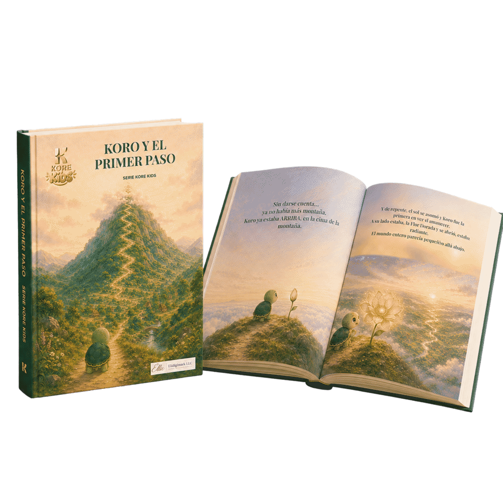 El libro «Koro y el Primer Paso»: la portada muestra a Koro subiendo una montaña verde, y al lado el libro abierto en una página ilustrada