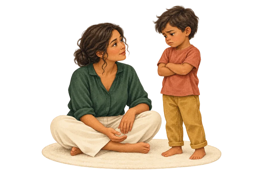 Una madre sentada en el suelo, a la altura de su hijo, que está de pie con los brazos cruzados. Se miran.